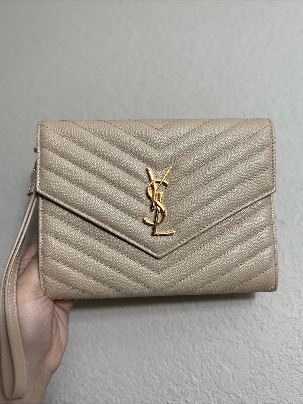 Luxury Beige Quilted Leather Wristlet with Gold Logo
